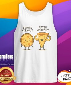 Girl wearing a cute tank top with 'Awesome Pizza' graphic, enjoying a slice before and after workout.