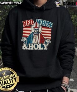 Alt Text: Awesome red and white hoodie featuring Pope Leo XIV and the first American flag design, perfect for fans of unique apparel.