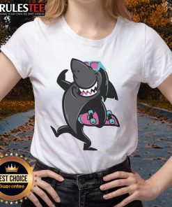 Funny cartoon of a shark roller skating, perfect for ladies' tees. Awesome skate shark design for fun-loving skaters!