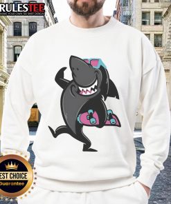 Alt Text: Funny cartoon of a shark roller skating in a vibrant sweatshirt, perfect for skate enthusiasts and cartoon lovers.