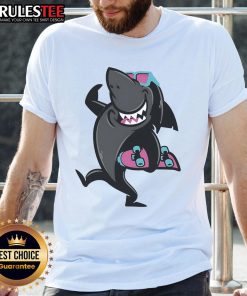 Awesome Skate Shark cartoon on roller skates, perfect for fun T-shirts. Ideal for skating enthusiasts and shark lovers!