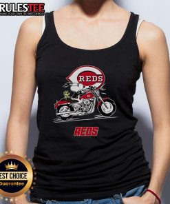 Alt Text: Snoopy and Woodstock riding a motorbike on a Cincinnati Reds tank top, showcasing fun and team spirit.