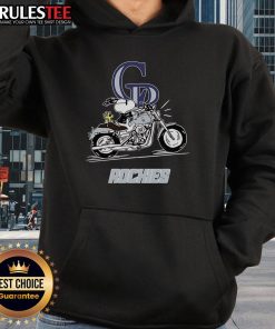 Snoopy and Woodstock driving a motorbike through the Colorado Rockies on an Awesome hoodie design.