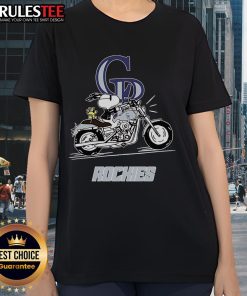 Alt Text: Awesome Snoopy and Woodstock driving a motorbike through the Colorado Rockies on a stylish ladies tee.