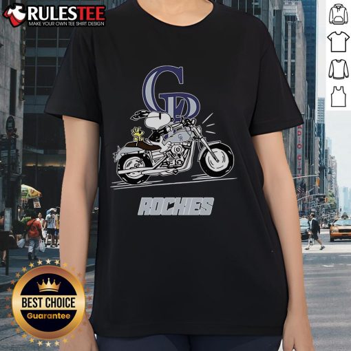 Alt Text: Awesome Snoopy and Woodstock driving a motorbike through the Colorado Rockies on a stylish ladies tee.