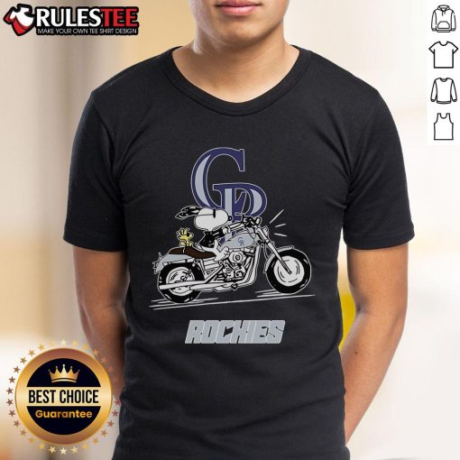 Alt Text: Awesome Snoopy and Woodstock driving motorbike in Colorado Rockies graphic T-shirt design for fans.