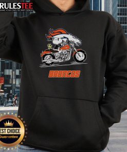 Alt Text: Snoopy and Woodstock riding a motorbike on a Denver Broncos hoodie, showcasing playful cartoon design.
