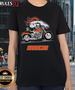Awesome Snoopy and Woodstock driving a motorbike on a Denver Broncos ladies tee, perfect for fans and casual wear.