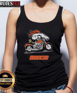 Alt Text: Snoopy and Woodstock riding a motorbike on a Denver Broncos tank top, showcasing a fun and sporty design.