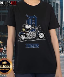 Awesome Snoopy and Woodstock riding a motorbike on Detroit Tigers ladies tee, perfect for fans and casual wear.