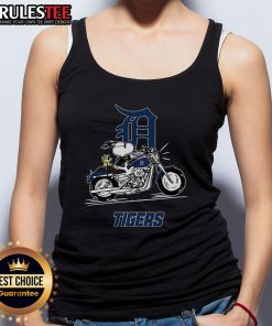 Awesome Snoopy and Woodstock driving a motorbike, wearing a Detroit Tigers tank top, perfect for fun summer outfits.