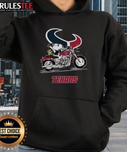 Awesome Snoopy and Woodstock driving a motorbike on a Houston Texans hoodie, perfect for fans and collectors.