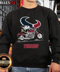 Awesome Snoopy and Woodstock driving a motorbike on a Houston Texans sweatshirt, perfect for NFL fans and Peanuts lovers.
