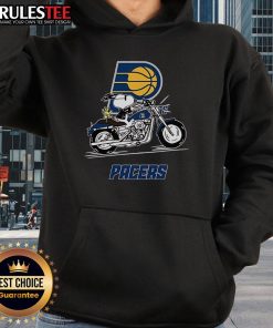 Alt Text: Snoopy and Woodstock riding a motorbike while wearing an Indiana Pacers hoodie, showcasing fun and style.
