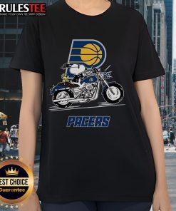 Snoopy and Woodstock riding a motorbike on a stylish Indiana Pacers ladies tee, perfect for fans.