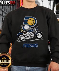 Alt Text: Snoopy and Woodstock riding a motorbike on an Indiana Pacers sweatshirt, perfect for fans and collectors.