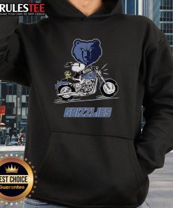 Awesome Snoopy and Woodstock driving a motorbike on Memphis Grizzlies hoodie, showcasing fun cartoon design.
