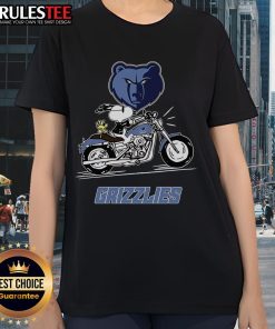 Awesome Snoopy and Woodstock driving a motorbike on Memphis Grizzlies ladies tee, perfect for fans and casual wear.