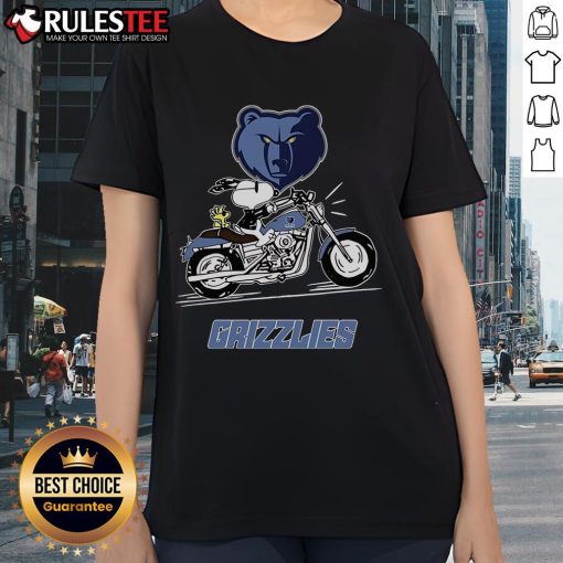 Awesome Snoopy and Woodstock driving a motorbike on Memphis Grizzlies ladies tee, perfect for fans and casual wear.
