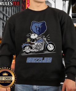 Alt Text: Awesome Snoopy and Woodstock driving a motorbike on a Memphis Grizzlies sweatshirt, perfect for fans and collectors.
