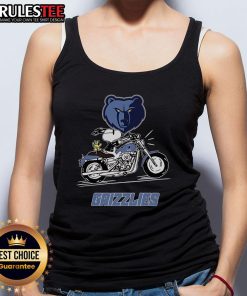 Alt Text: Awesome Snoopy and Woodstock driving a motorbike on a Memphis Grizzlies tank top, perfect for fans and summer wear.