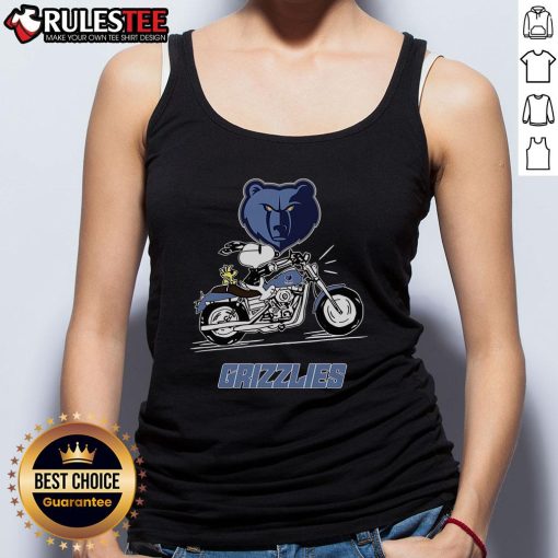 Alt Text: Awesome Snoopy and Woodstock driving a motorbike on a Memphis Grizzlies tank top, perfect for fans and summer wear.