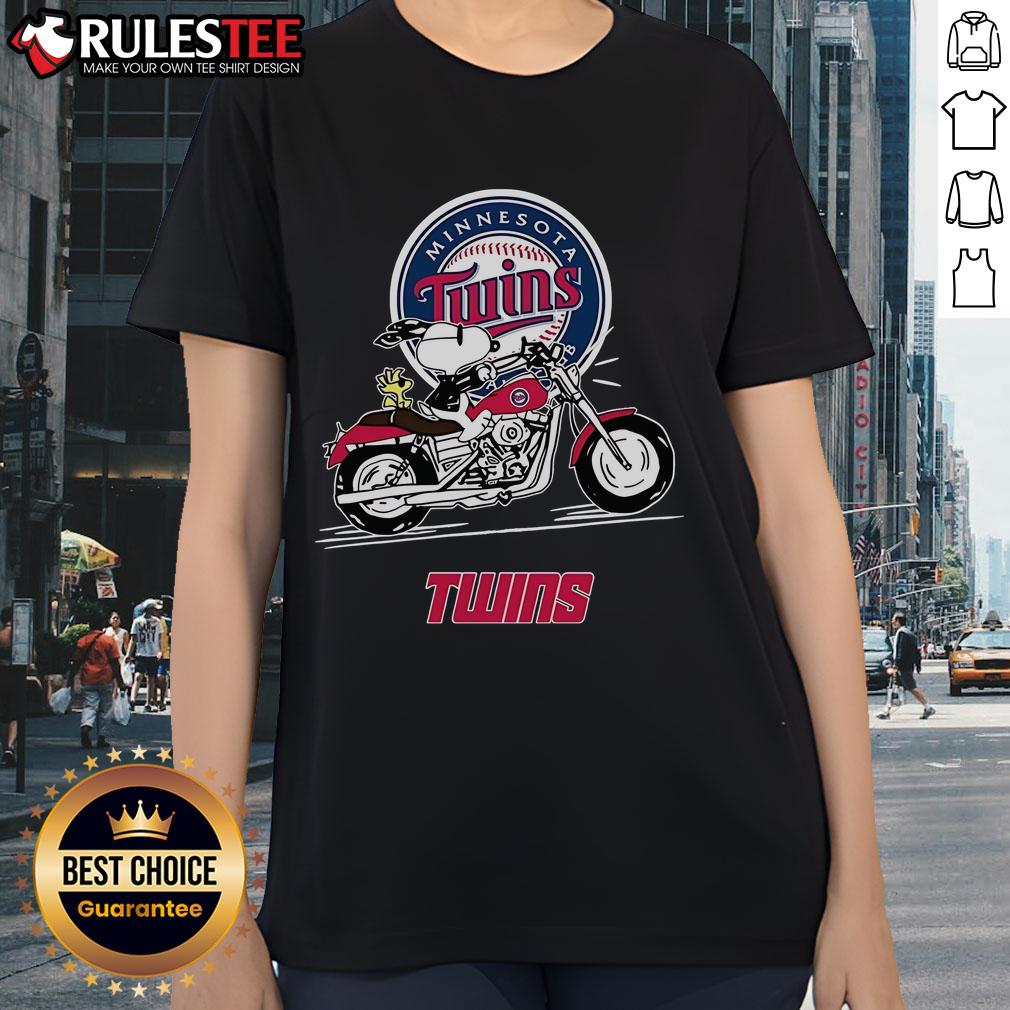 Awesome Snoopy And Woodstock Driving Motorbike Minnesota Twins Ladies Tee Alt Text: Awesome Snoopy and Woodstock driving a motorbike on a Minnesota Twins ladies tee shirt design.