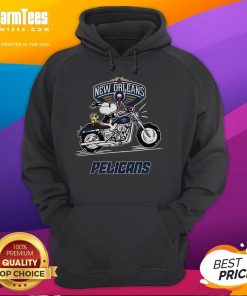 Awesome Snoopy and Woodstock driving a motorbike on a New Orleans Pelicans hoodie design, perfect for fans.