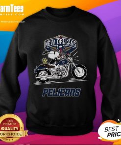 Awesome Snoopy and Woodstock driving motorbike on New Orleans Pelicans sweatshirt, colorful and vibrant design.