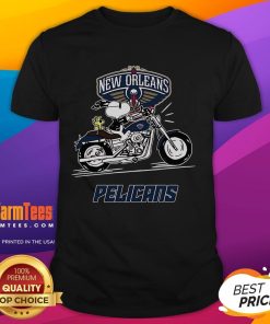 Awesome Snoopy and Woodstock driving a motorbike on a New Orleans Pelicans T-Shirt design, perfect for fans.