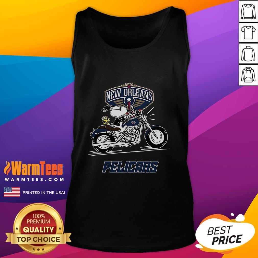 Awesome Snoopy And Woodstock Driving Motorbike New Orleans Pelicans Tank Top Snoopy and Woodstock riding a motorbike on a New Orleans Pelicans tank top, showcasing vibrant colors and fun design.