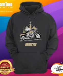Alt Text: Snoopy and Woodstock riding a motorbike on a New Orleans Saints hoodie, showcasing fun and team spirit.
