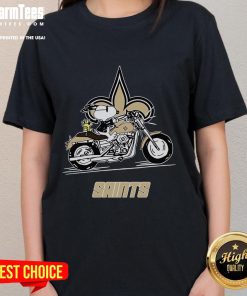 Awesome Snoopy and Woodstock driving motorbike on New Orleans Saints ladies tee, perfect for NFL fans.
