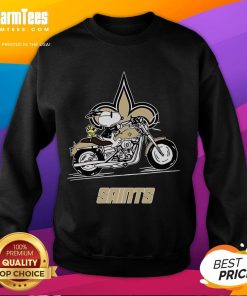 Awesome Snoopy and Woodstock driving a motorbike on a New Orleans Saints sweatshirt, perfect for fans.