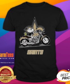 Alt Text: Awesome Snoopy and Woodstock driving a motorbike on a New Orleans Saints T-Shirt, perfect for NFL fans.