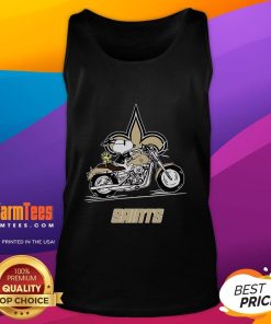 Alt Text: Awesome Snoopy and Woodstock driving a motorbike in a New Orleans Saints tank top, showcasing fun team spirit.