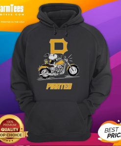 Snoopy and Woodstock riding a motorbike in a Pittsburgh Pirates hoodie, showcasing fun cartoon style.