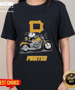Snoopy and Woodstock riding a motorbike on a Pittsburgh Pirates ladies tee, showcasing fun and team spirit.