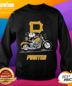 Awesome Snoopy and Woodstock driving motorbike on Pittsburgh Pirates sweatshirt, perfect for fans and collectors.