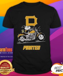 Awesome Snoopy and Woodstock driving a motorbike on a Pittsburgh Pirates T-shirt design, perfect for fans.