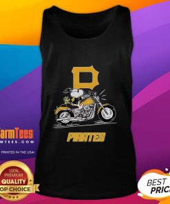 Awesome Snoopy and Woodstock on a motorbike, wearing a Pittsburgh Pirates tank top, perfect for fans and collectors.