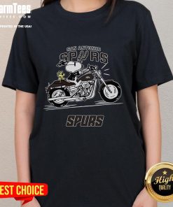 Alt Text: Snoopy and Woodstock riding a motorbike on a San Antonio Spurs ladies tee, perfect for fans and casual wear.