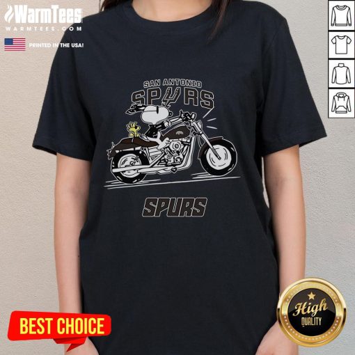 Alt Text: Snoopy and Woodstock riding a motorbike on a San Antonio Spurs ladies tee, perfect for fans and casual wear.