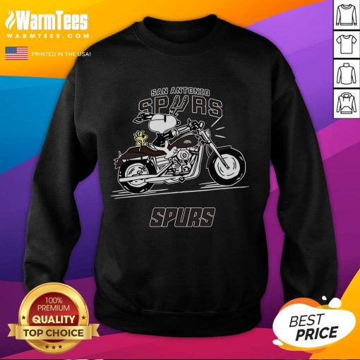 Snoopy and Woodstock riding a motorbike in a San Antonio Spurs sweatshirt, showcasing a fun and playful design.