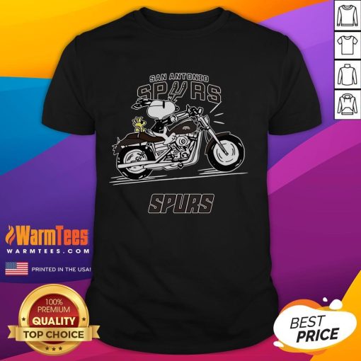 Alt Text: Awesome Snoopy and Woodstock driving motorbike on San Antonio Spurs T-Shirt design featuring vibrant graphics.