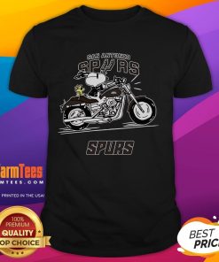 Alt Text: Awesome Snoopy and Woodstock driving motorbike on San Antonio Spurs T-Shirt design featuring vibrant graphics.