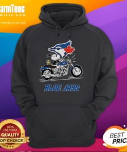 Snoopy and Woodstock ride a motorbike in a Toronto Blue Jays hoodie, showcasing fun cartoon style and team spirit.
