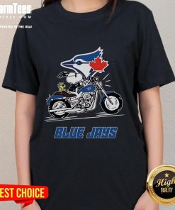 Snoopy and Woodstock riding a motorbike on a Toronto Blue Jays ladies tee, showcasing a fun graphic design.