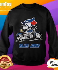 Alt Text: Awesome Snoopy and Woodstock driving a motorbike on a Toronto Blue Jays sweatshirt design.