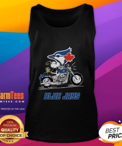 Awesome Snoopy and Woodstock driving a motorbike on a Toronto Blue Jays tank top design.